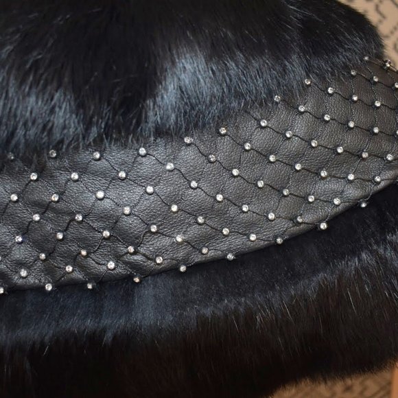 Beautiful Rabbit shrug wrap black rabbit fur, leather, and Rhinestones - Picture 3 of 9